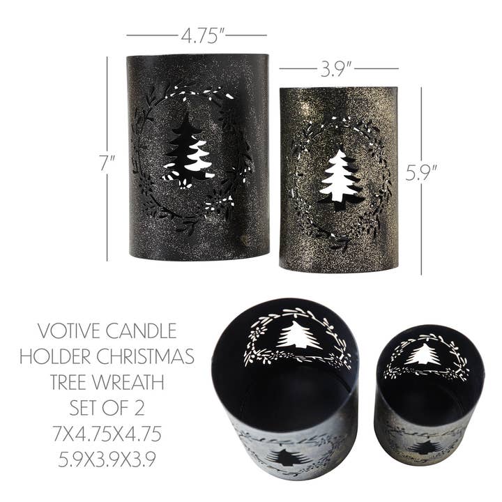 VHC Brands - Wholesale Candle Holder - Gold Dusted Wreath and Tree Metal Candle Holder Set of 2 - 5.9/7 inch