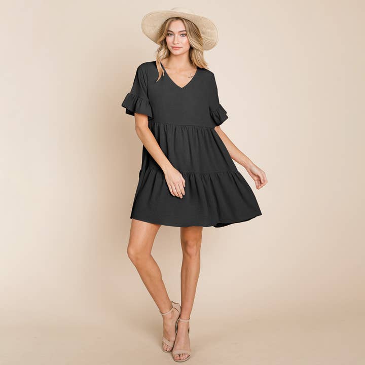ROLYPOLY - Wholesale Dress - Women's - Layered Pleated Flutter Ruffle Sleeve Tiered Dress