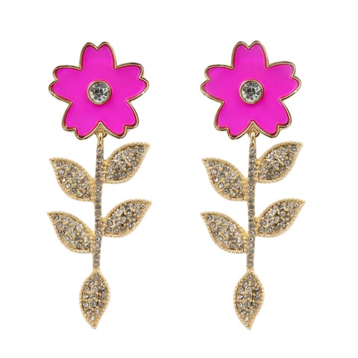 Boucles d'oreilles en forme de fleur rose avec feuilles de cristal pour la vente par Brianna Cannon