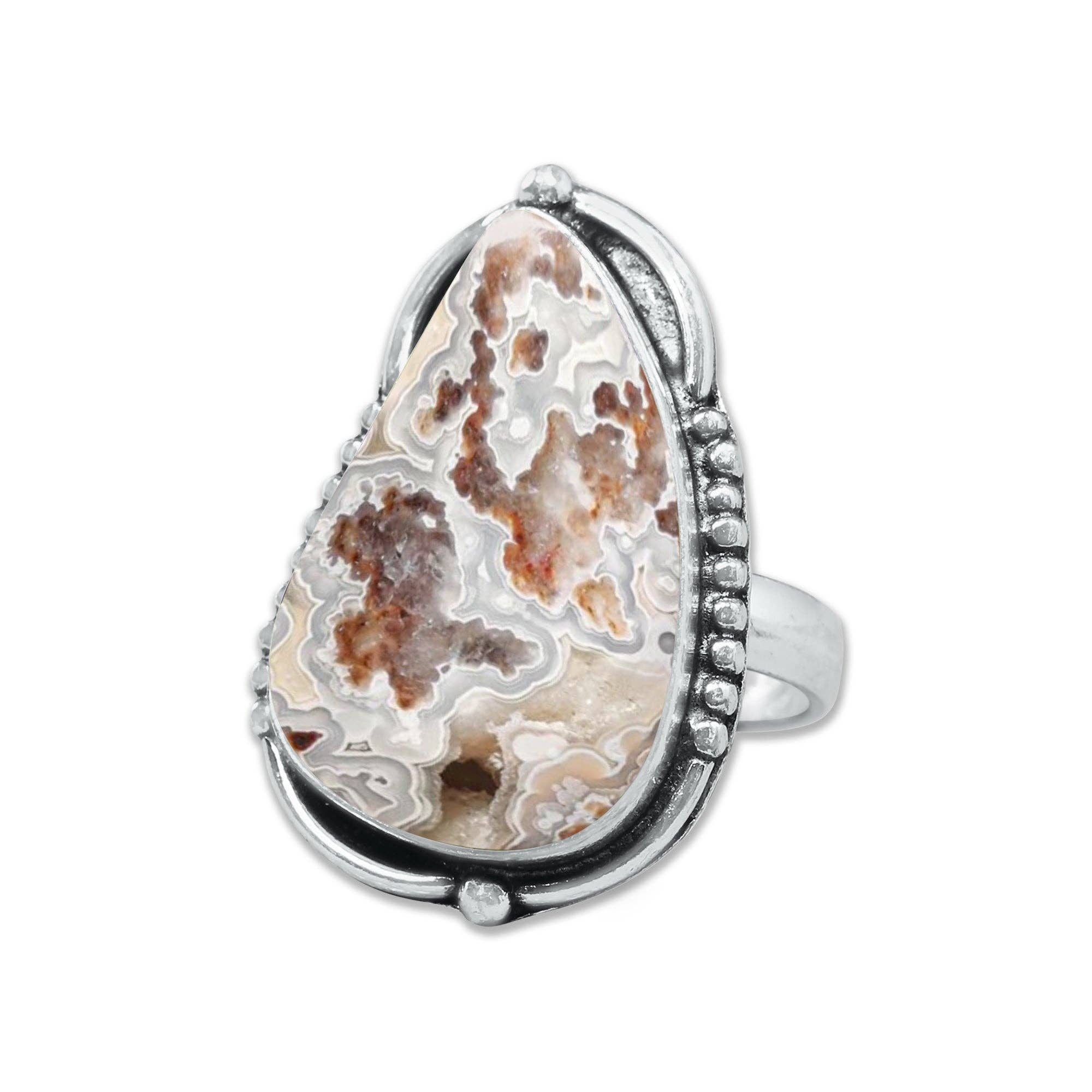 Handmade Jewels - Wholesale Cocktail/Statement Ring - Crazy Lace Agate Rings – Silver-Plated, Handmade, Swirly Earth-Tone Statement (US Sizes 6–10)12