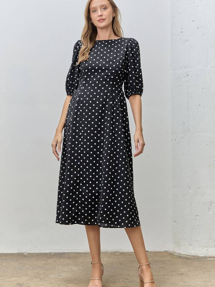Classic Polka Dot Puff Sleeve Midi Dress for wholesale by Polagram by Wellmade USA