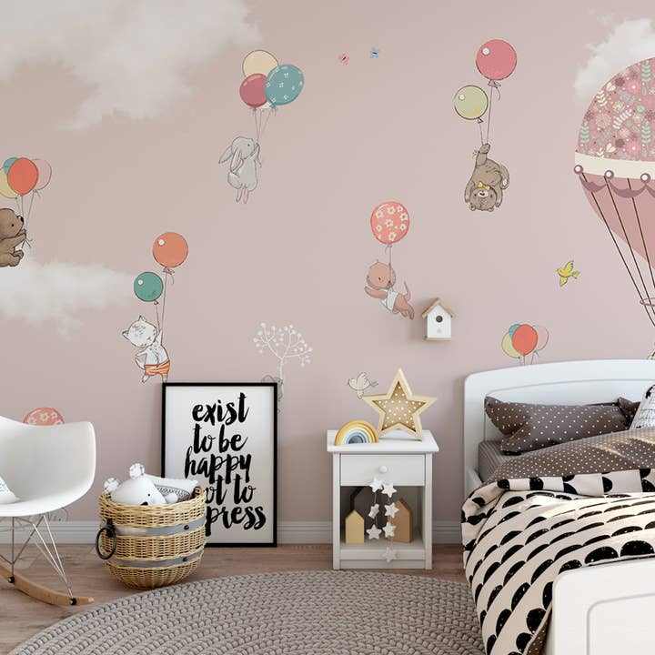 GK Home Decor - Wholesale Wallpaper - Cartoon Animals Hot Air Balloon Kids Wallpaper