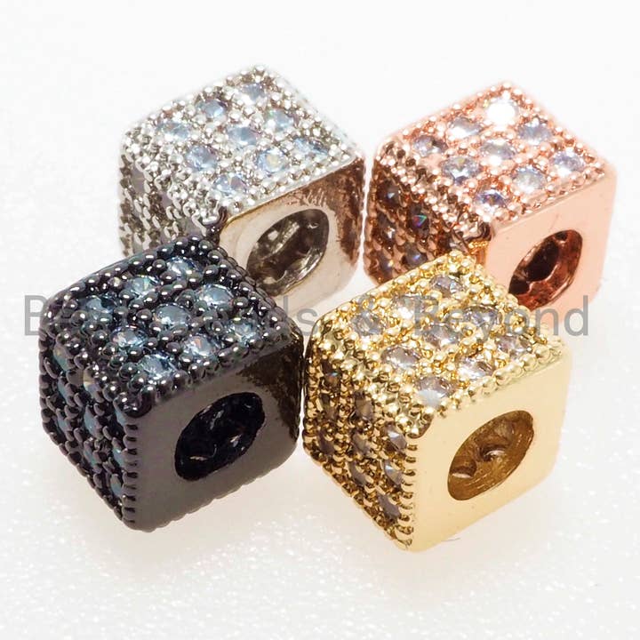 CZ Micro Pave Cube Perles d'espacement à grand trou, perles d'espacement en zircone cubique, or, argent, or rose, ton noir, 6 mm, SKU #G408 pour la vente par BestBeads&Beyond