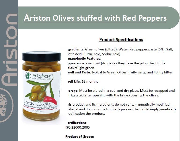 Ariston Specialties - Wholesale Olives - Ariston Green Olives Stuffed Pepper -13.40oz (Sweet peppers)4