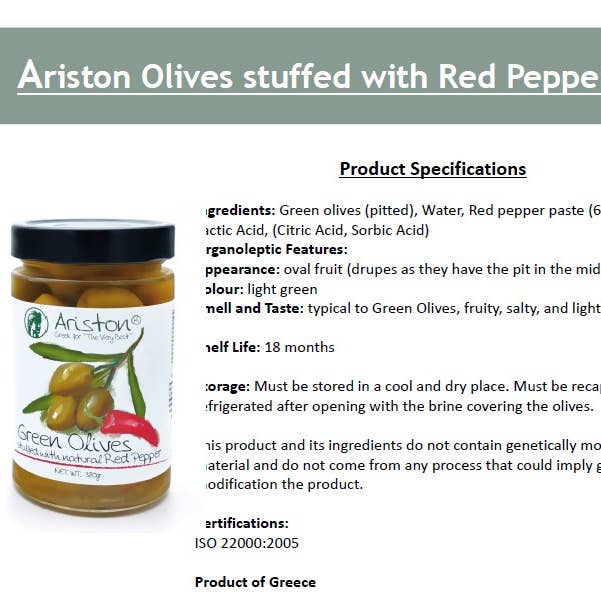 Ariston Specialties - Wholesale Olives - Ariston Green Olives Stuffed Pepper -13.40oz (Sweet peppers)4