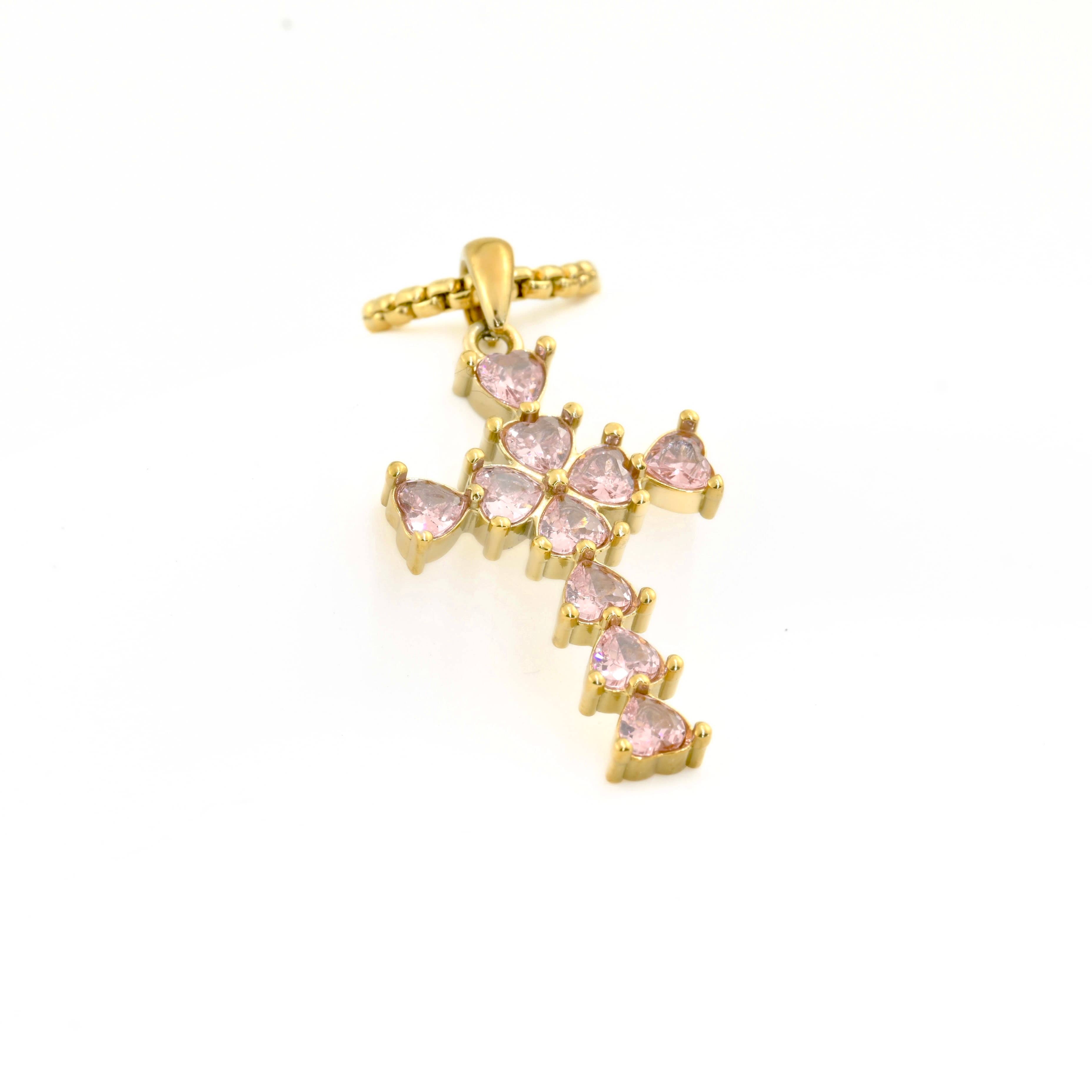 Blueyejewelry - Wholesale Pendant/Charm Necklace - Long Diamond Cross Necklace with Heart Shaped Stones1