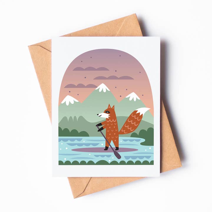Campy SUP Fox A2 Blank Greeting Card for wholesale by Allie Ogg