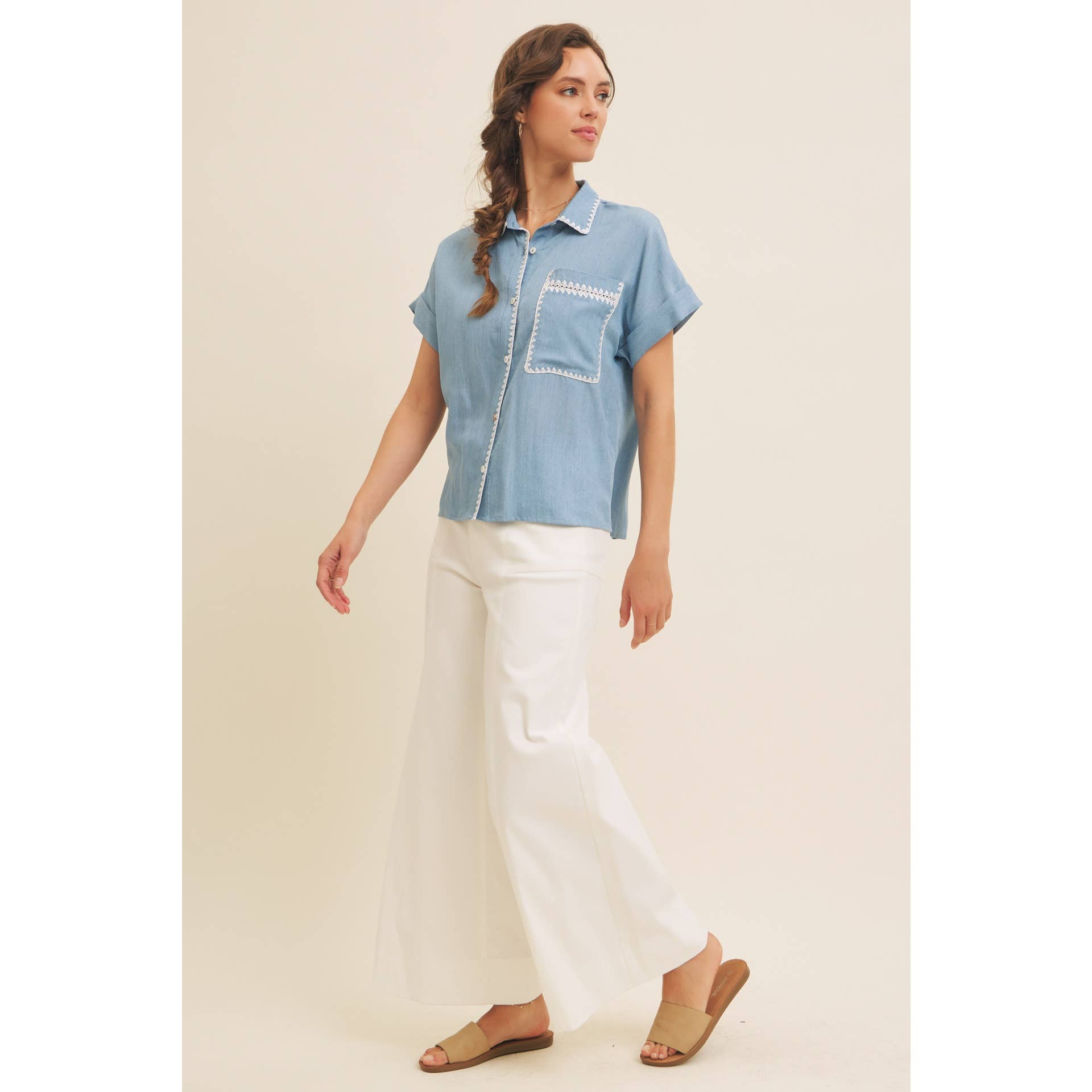 WASHED CHAMBRAY BUTTON-DOWN SHIRT WITH STITCHING for wholesale on Faire8