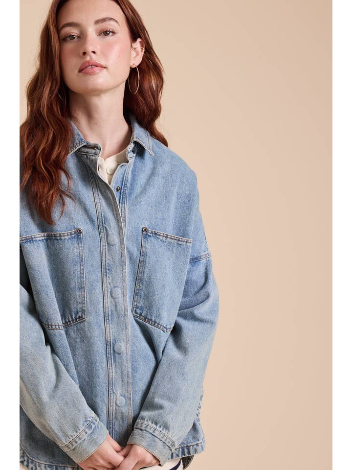 MIOU MUSE - Wholesale Shirt Jacket/Shacket - Women's - J3037 WASHED SNAP BUTTON DENIM SHACKET