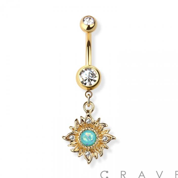 OPAL CENTERED FLAMING DANGLE 316L SURGICAL STEEL NAVEL RING for wholesale by CRAVE