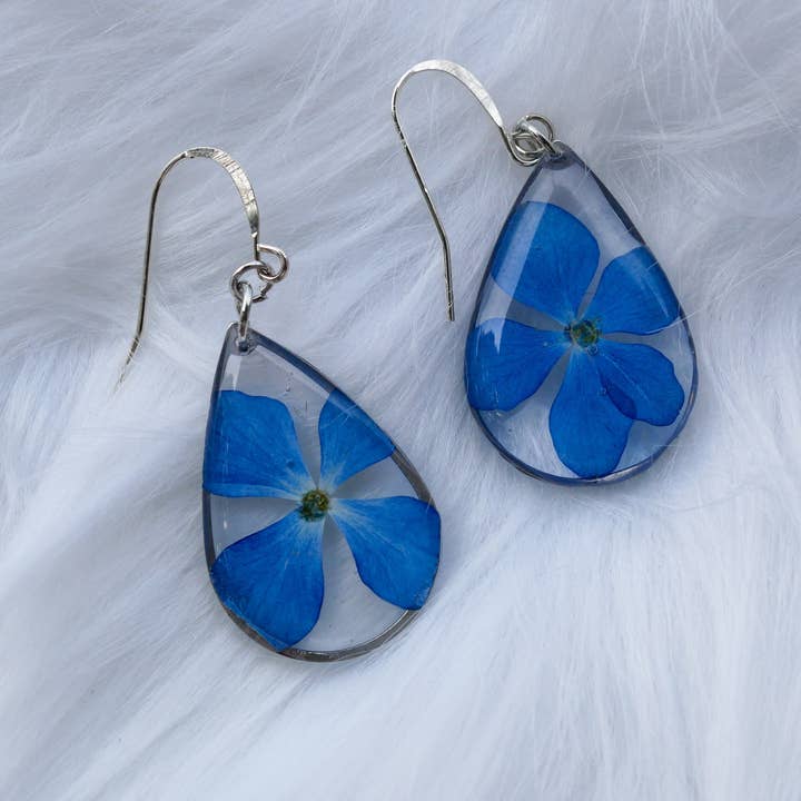 Pressed blue hydrangea teardrop earrings for wholesale by Remedy Designs