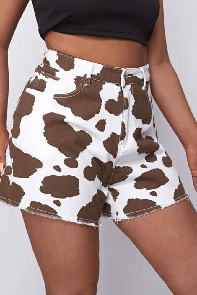 UNISHE - Wholesale Shorts - Women's - BTMW021 Western Cow Print High Waist Denim Shorts5