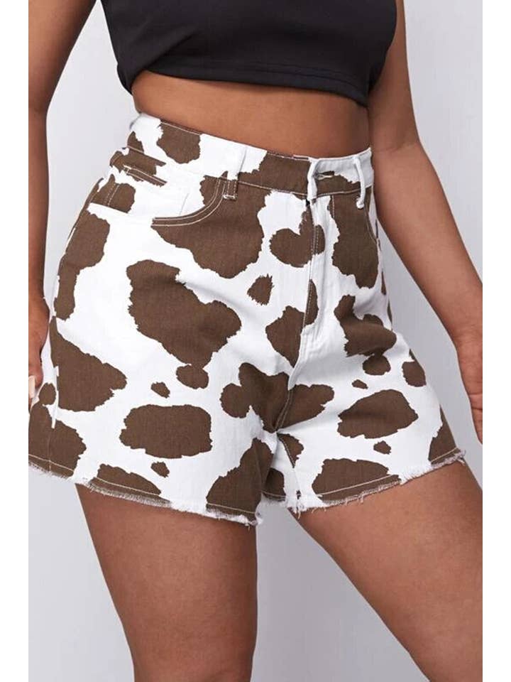 UNISHE - Wholesale Shorts - Women's - BTMW021 Western Cow Print High Waist Denim Shorts5