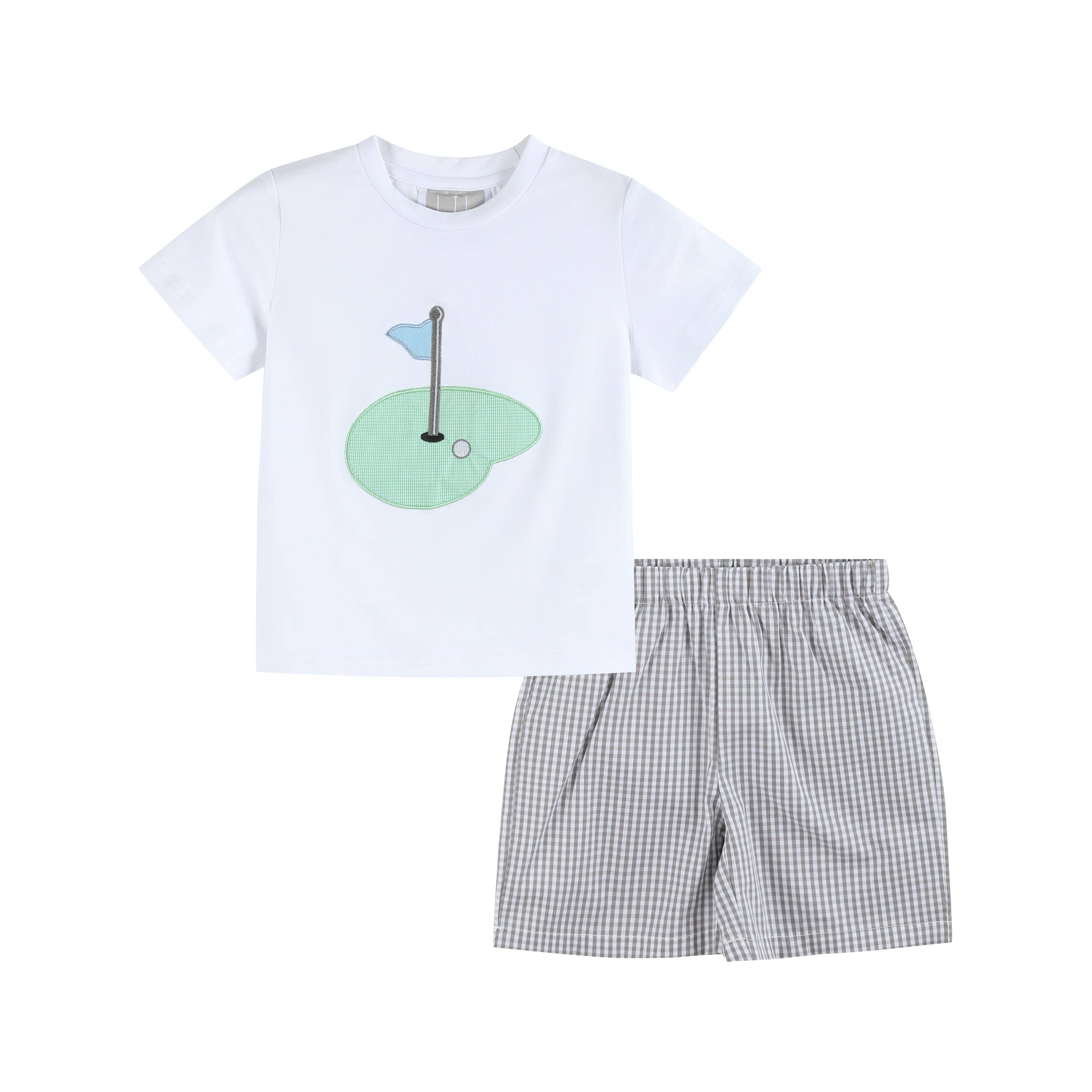 Lil Cactus - Wholesale Top & Short Set - Kids - Gray Gingham Golf Tee and Shorts 2 pc Set