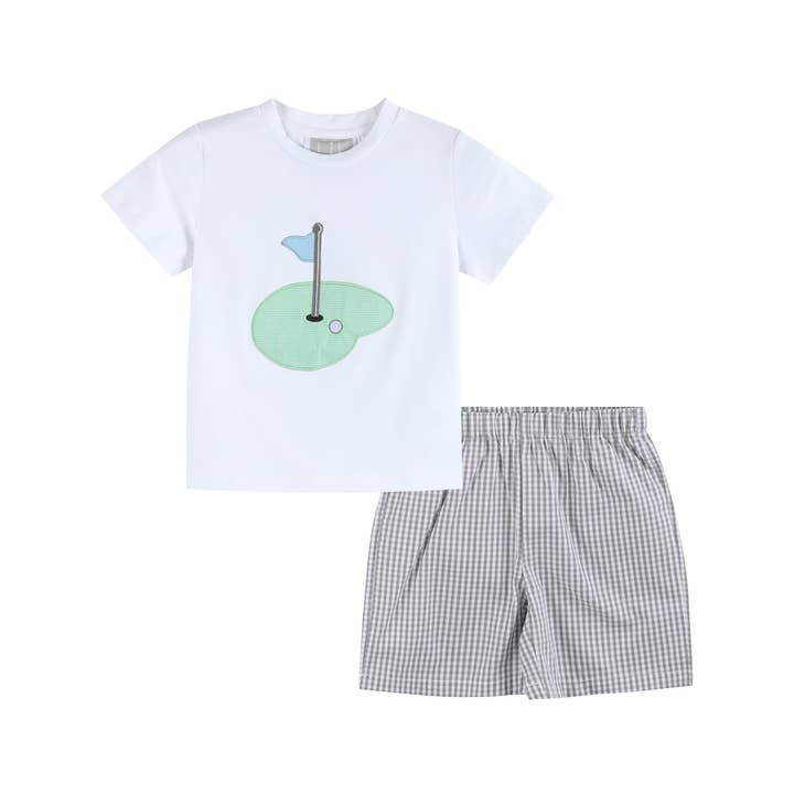 Lil Cactus - Wholesale Top & Short Set - Kids - Gray Gingham Golf Tee and Shorts 2 pc Set0