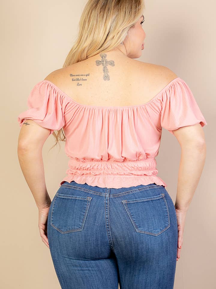 CAPELLA APPAREL - Wholesale Knit Top - Women's - Plus Size Casual Ruched Puff Sleeve Ribbed Knit Solid Top5