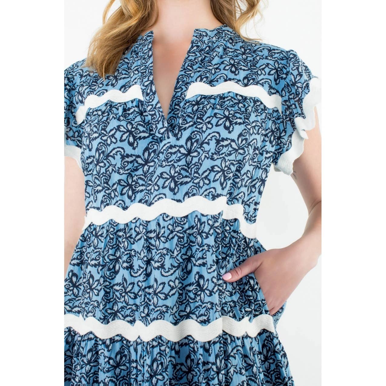 BLUE Wave Trim Flutter Sleeve Print Dress for wholesale on Faire3