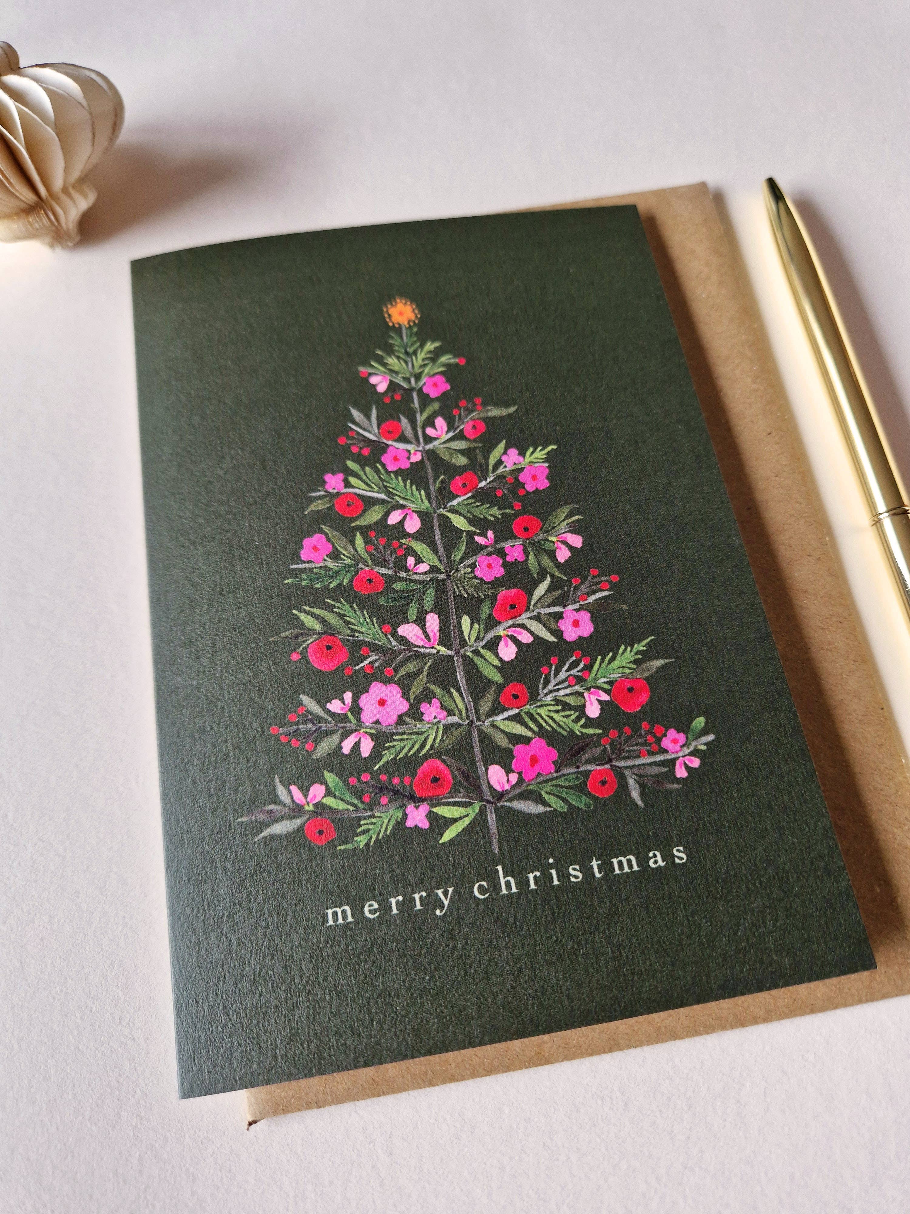 Anna Lau Art - Wholesale Christmas Card - Floral Christmas Tree - Forest Green - A6 card2