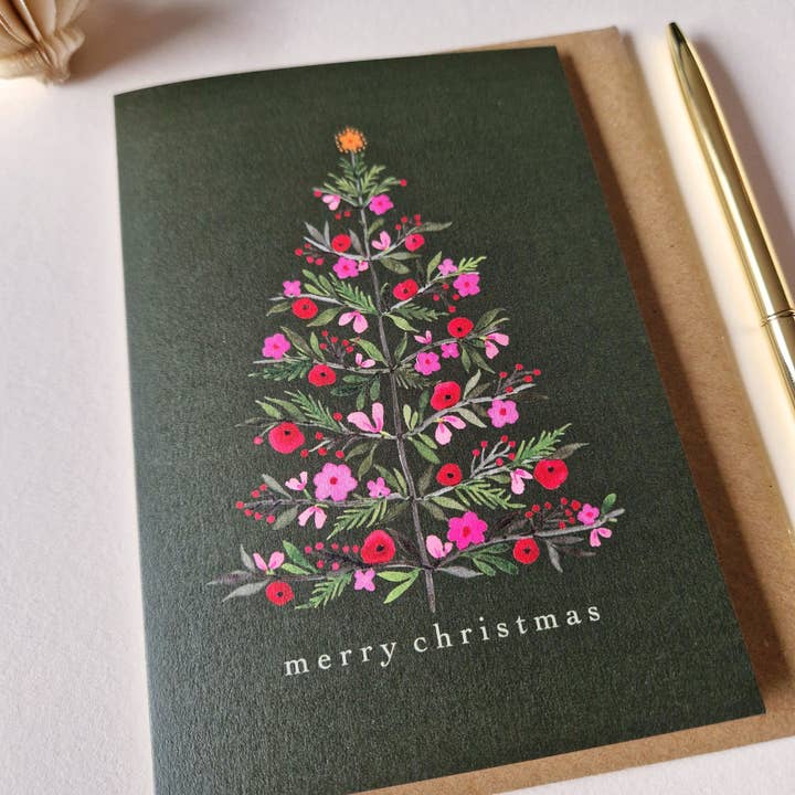 Anna Lau Art - Wholesale Christmas Card - Floral Christmas Tree - Forest Green - A6 card2