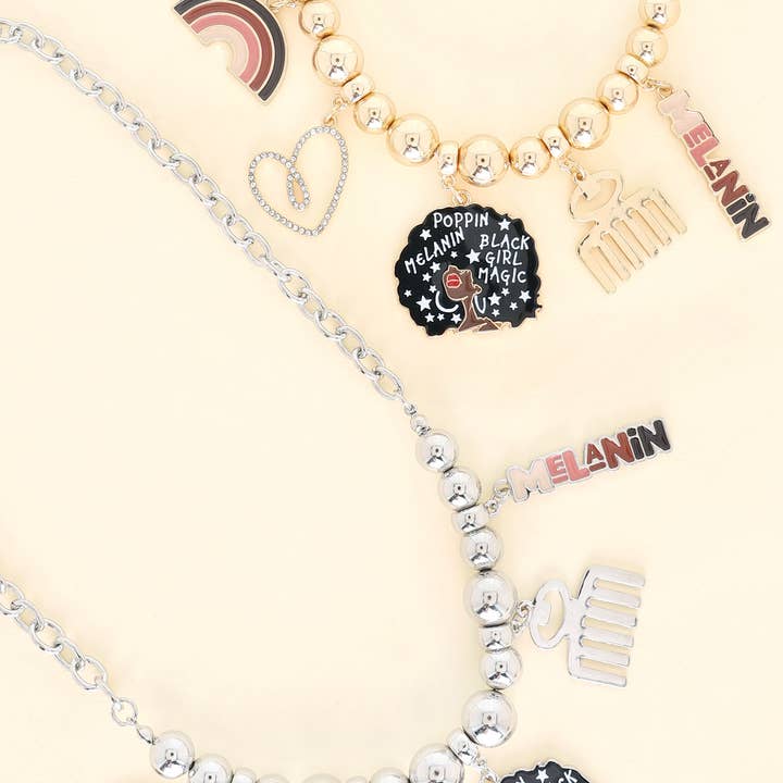 Black Girl Magic Metallic Beaded Charm Necklace for wholesale by SP Sophia Collection