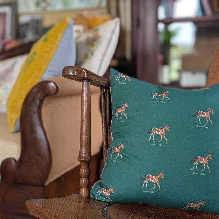 Goose and Willow - Wholesale Throw/Decorative Pillow - Throw Pillow - Chincoteague Pony Repeat on Green Linen Cotton0