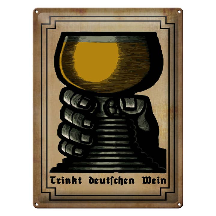 Plaque en métal 30x40 cm Buvez du vin allemand Main avec vin blanc pour la vente par Femer