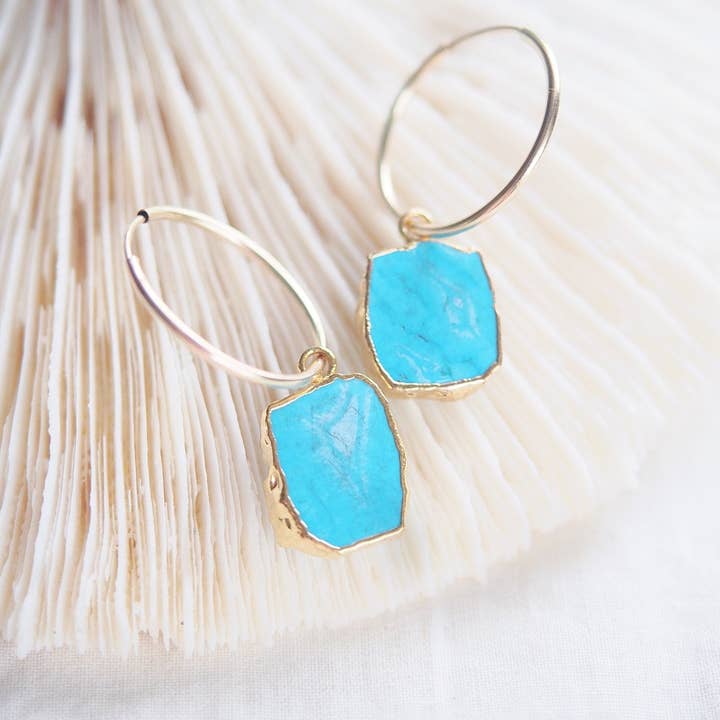 Ke Aloha Jewelry – wholesale Hoop earrings – Howlite Turquoise Silver Medium Hoop Earrings - Silver Alaka'i6