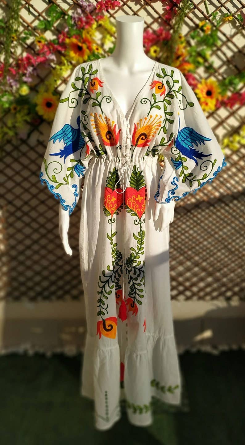 TABITHA - Vente Robe – femme - Robe cœur style bohème en coton avec broderie mexicaine6