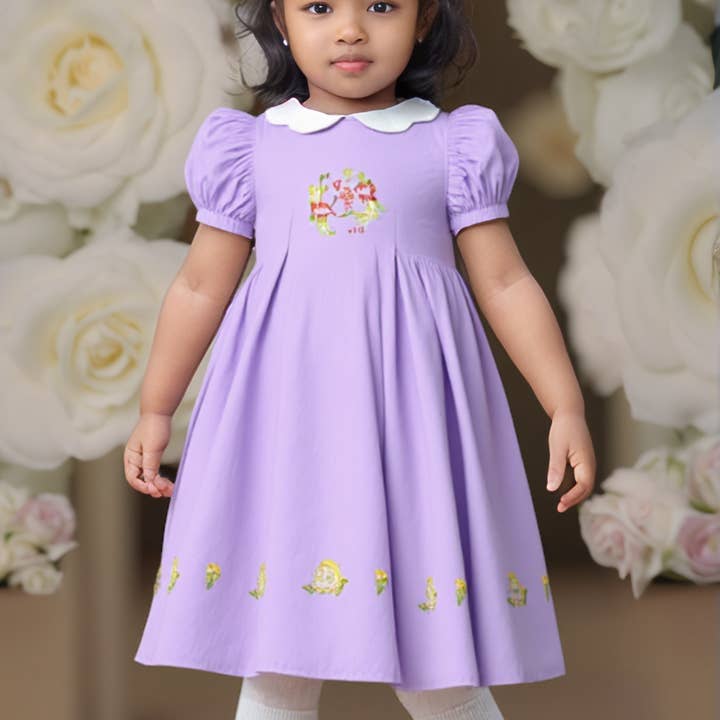 Paarse Konijnen Handgeborduurde Midi Jurk voor wholesale door Hello Bebes!