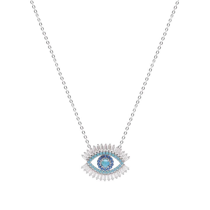 Evil Eye Baguette Necklace, Turquoise, White Rhodium for wholesale by Seven Saints