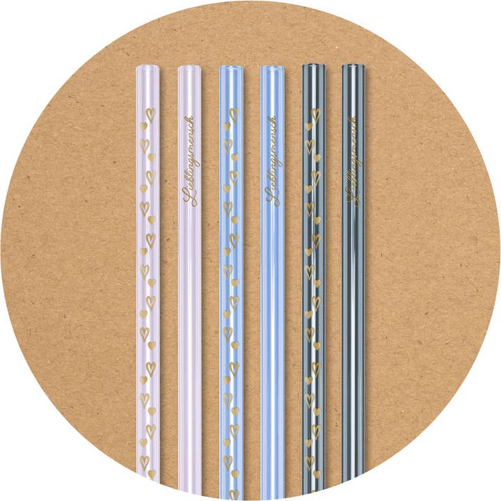 6 canudos de vidro coloridos (rosa, lavanda, cinza) com 20 cm, com estampa pessoas favoritas/corações por atacado de Glastrinkhalme by OPTITHERM