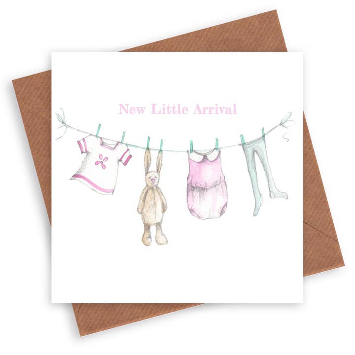 Roze Waslijn Kaart – Luxe Felicitatiekaart Voor Babymeisje Met Kraftenvelop voor wholesale door Crumble & Core