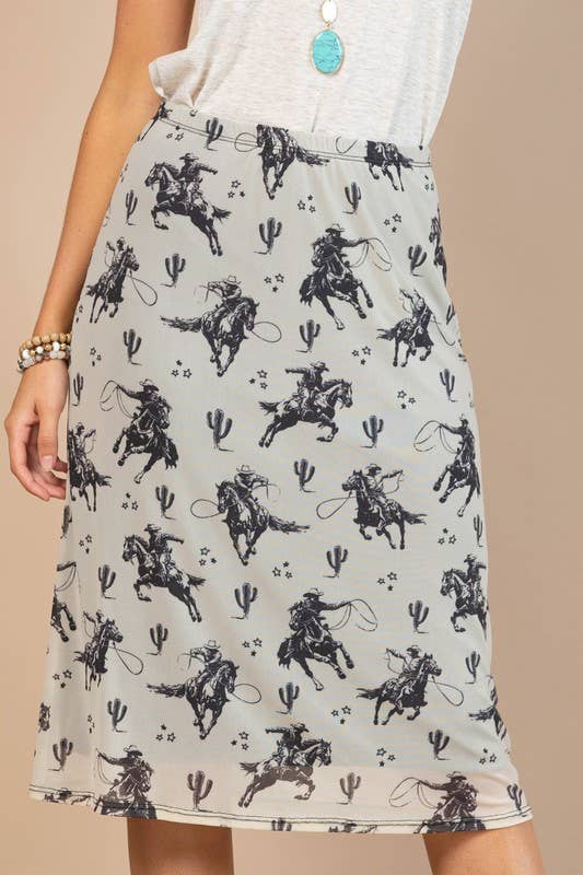 Brown AV1260-IRINA WESTERN COWBOY PRINT MESH MIDI SKIRT for wholesale on Faire5