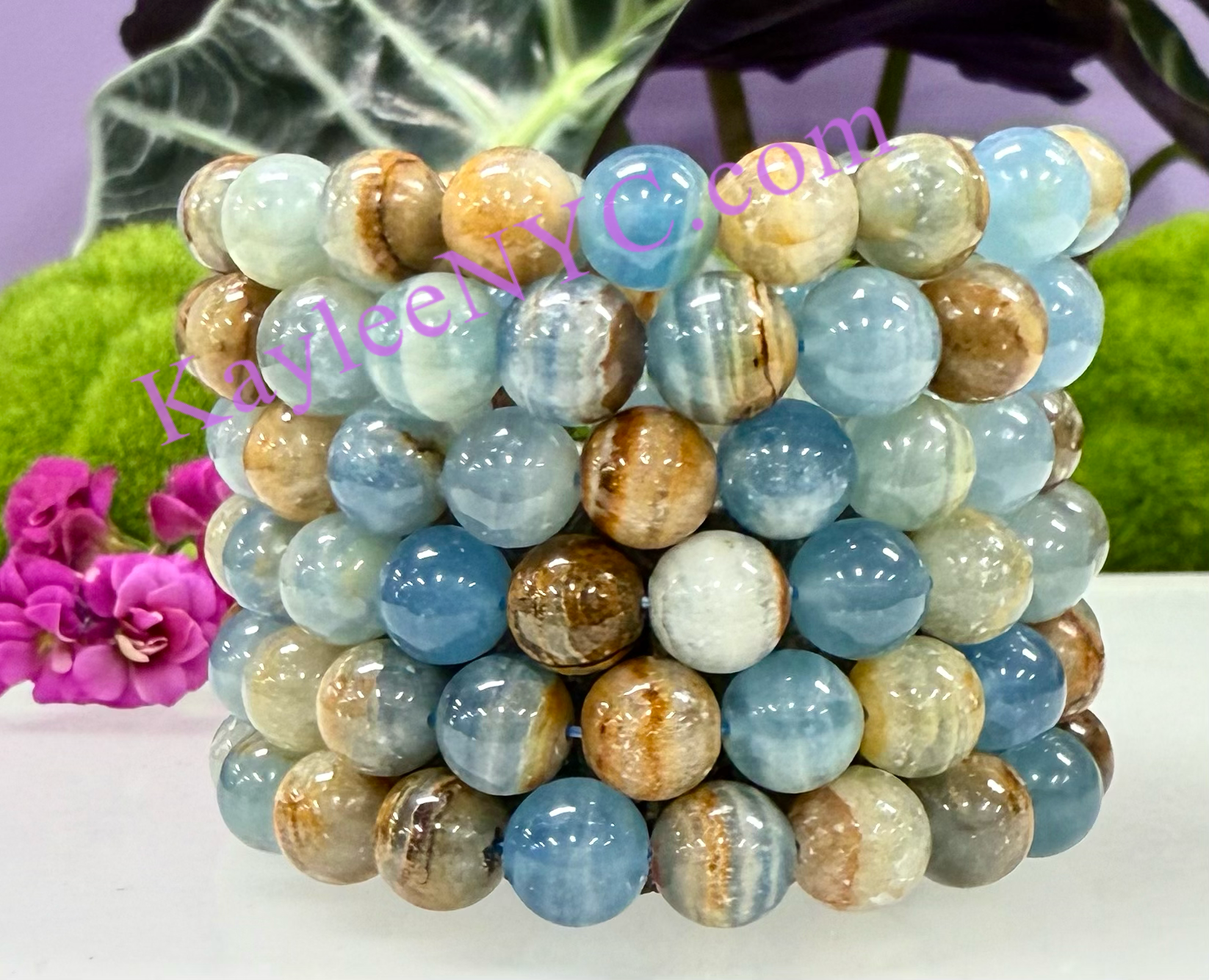 KayleeNYC – Pulseira de missangas por atacado – Pulseira elástica de Calcita Lemuriana Aquatinta 9mm a 10mm, 20 cm0