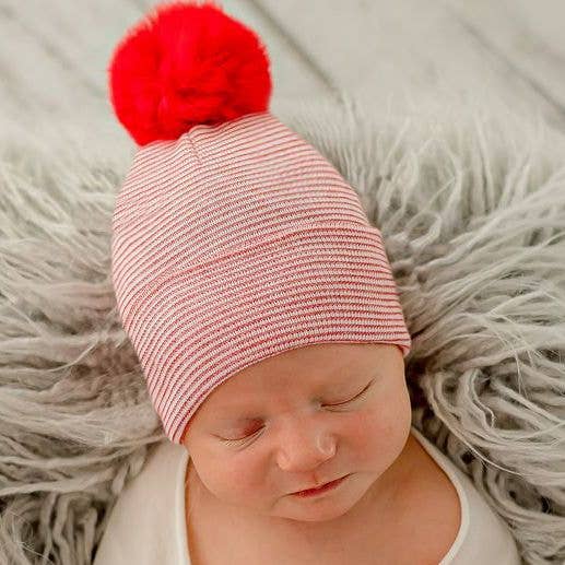 ilybean Striped or Red Beanie with Fuzzy Pom Pom Baby Hat for wholesale by www.ilybean.com