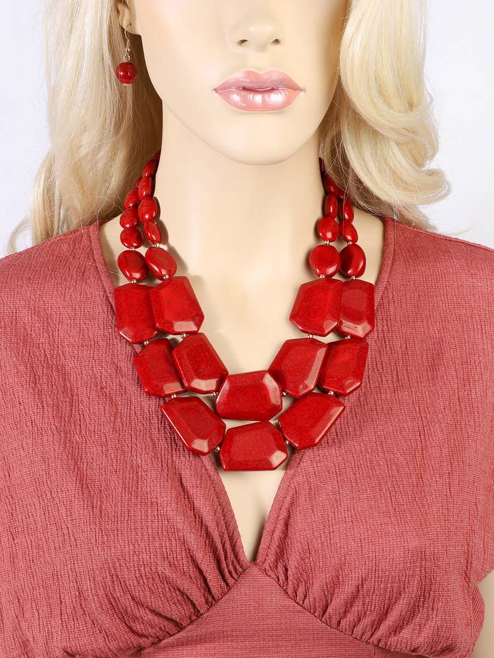 Faceted Red Ceramic Bead Stone Necklace & Earring Set for wholesale by SP Sophia Collection
