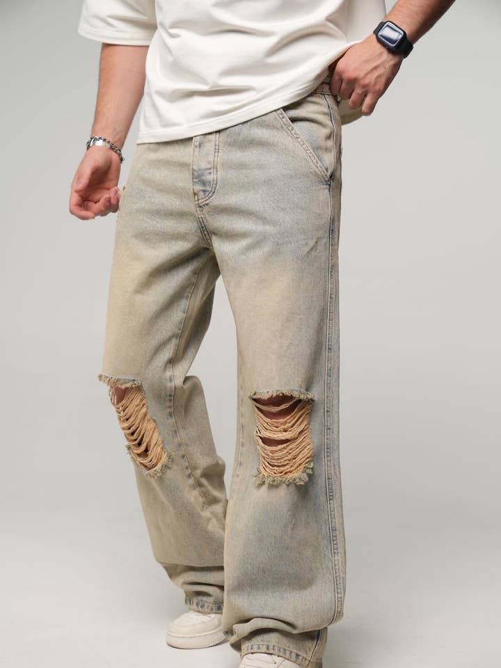 Baggy Distressed High Wash Blue Denim Jeans for wholesale by PremiumDenim