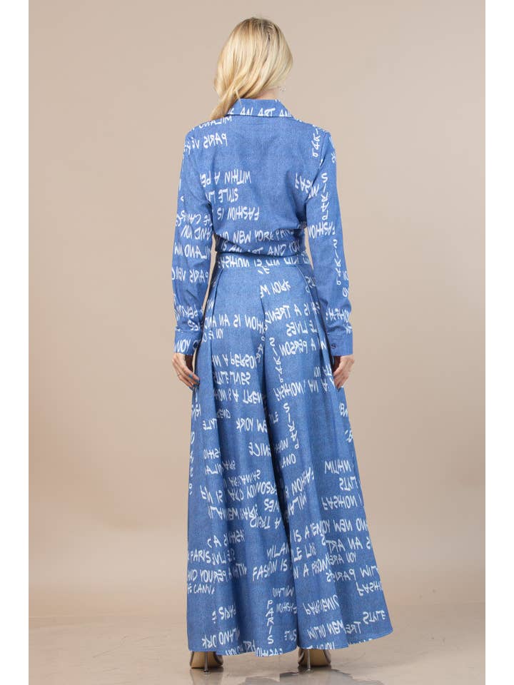 Blue P919-5174-Milano Graffiti Print Wide Leg Palazzo Pants for wholesale on Faire