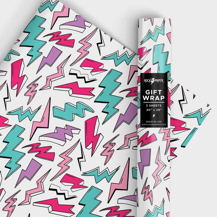 Rock'N Paper - Wholesale Flat Wrap - Retro Lightning Bolt Gift Wrapping Paper, 80's Style, Rocker