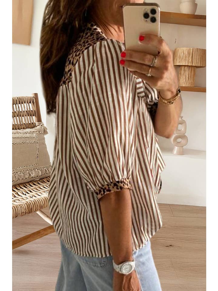 Brown Leopard Trim Button Down Stripe Half Sleeve Shirt (S-XL) for wholesale on Faire1