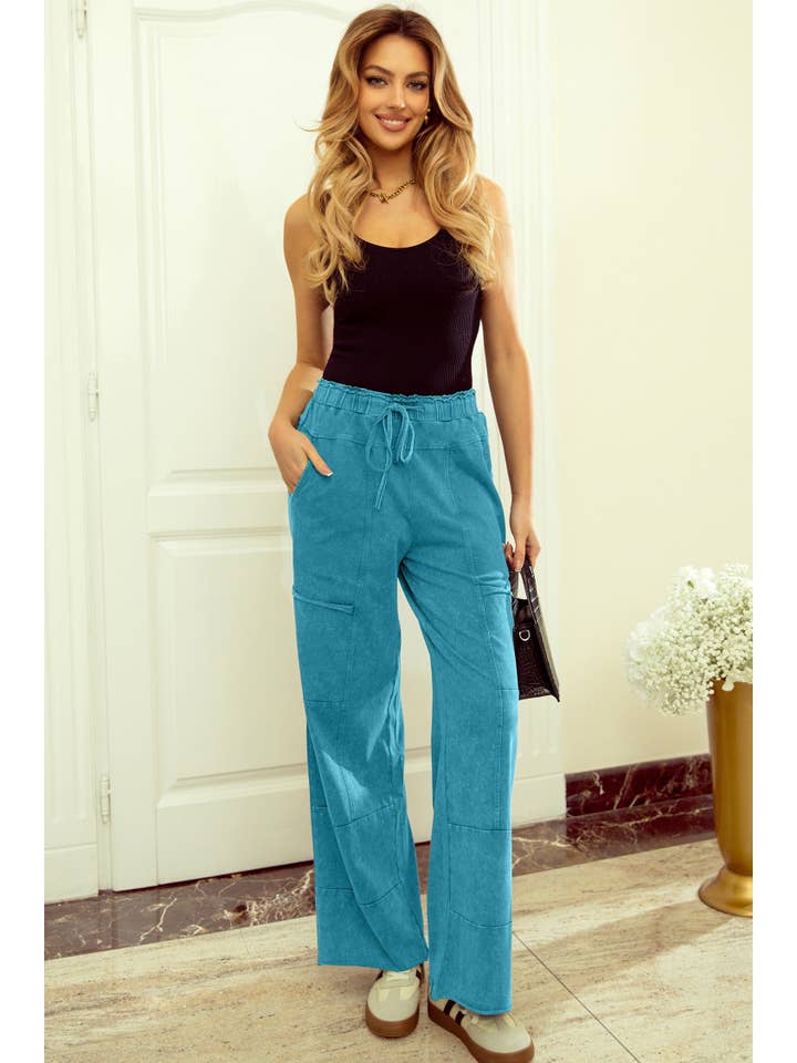 1 the Woman - Wholesale Pants - Women's - Mineral Wash Lace-up High Waist Raw Hem Patched Pocket Pants6