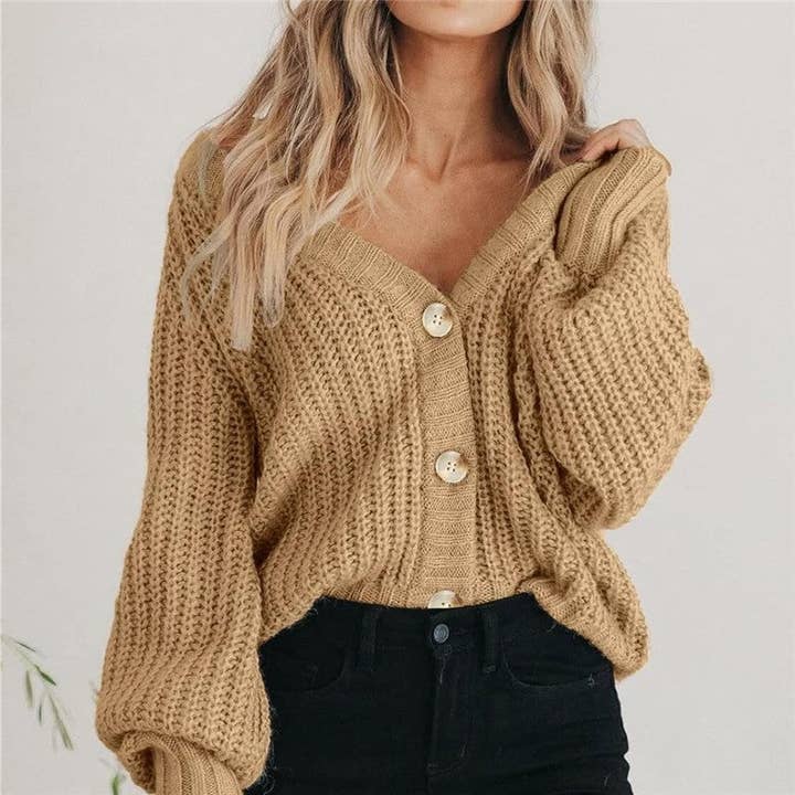 FurDecoration - Vente Cardigan – femme - Cardigan boutonné à manches longues en maille épaisse de couleur unie