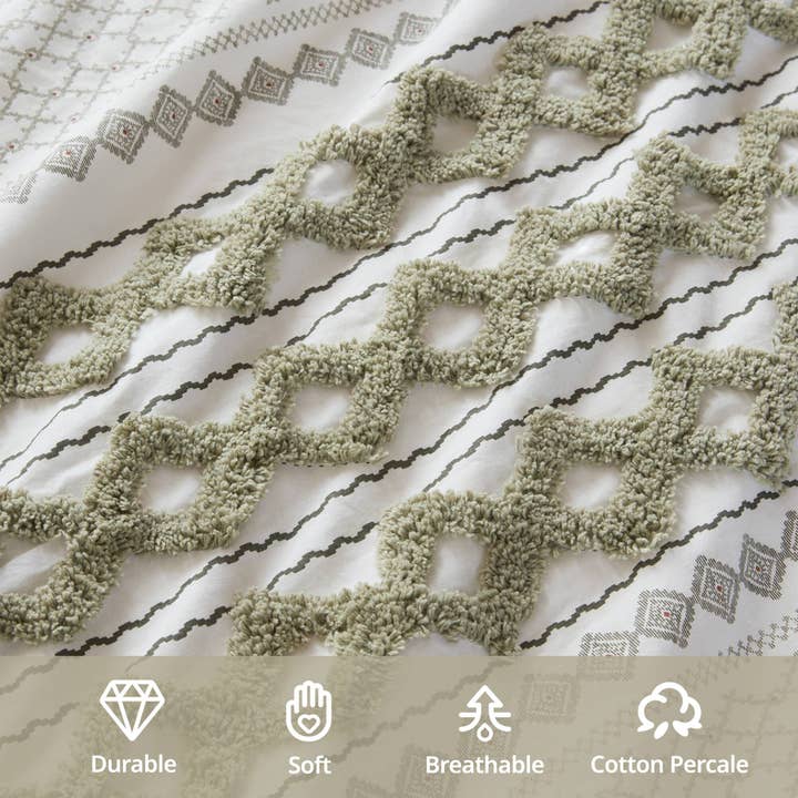 Olliix - Wholesale Bedding Set - 3pc Aztec Print Tufted Chenille Comforter Set, Sage/Ivory14