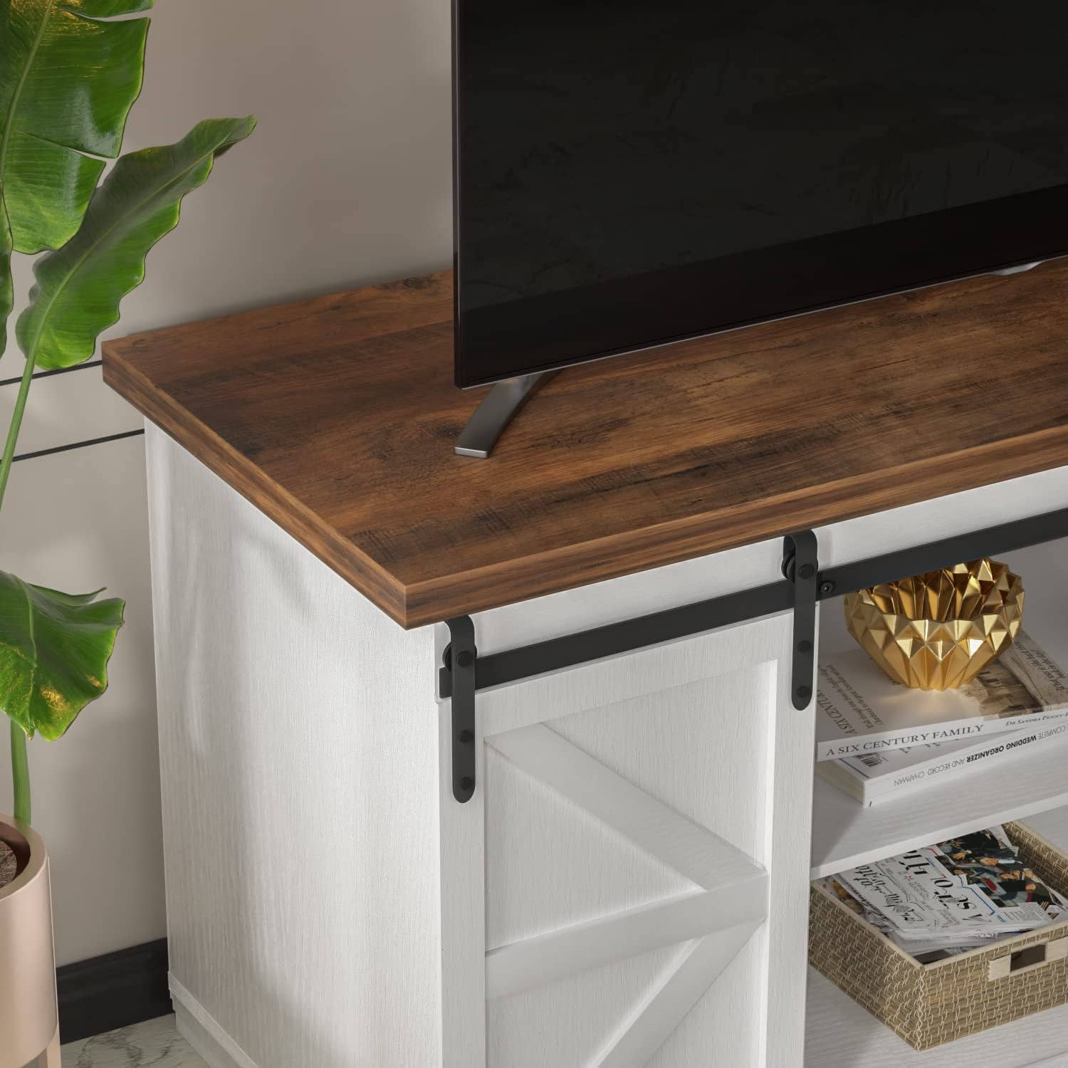 Bright White 65 Inch Farmhouse TV Stand With Sliding Barn Doors for wholesale on Faire2