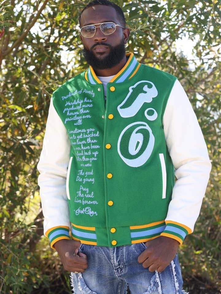 F1026 Casaco Varsity Produto De Pobreza - Verde por atacado de Frost Originals