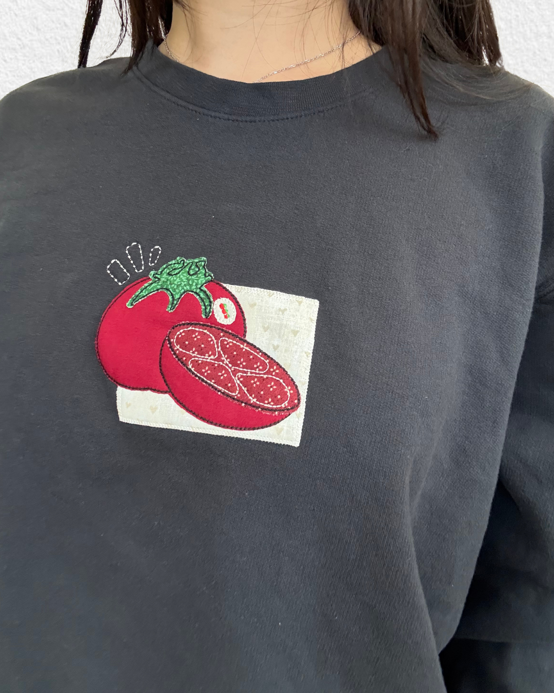 Overthinker Apparel - Wholesale Graphic Sweatshirt - Unisex - Tomato Patchwork Embroidered Lightweight Crewneck Sweatshirt1