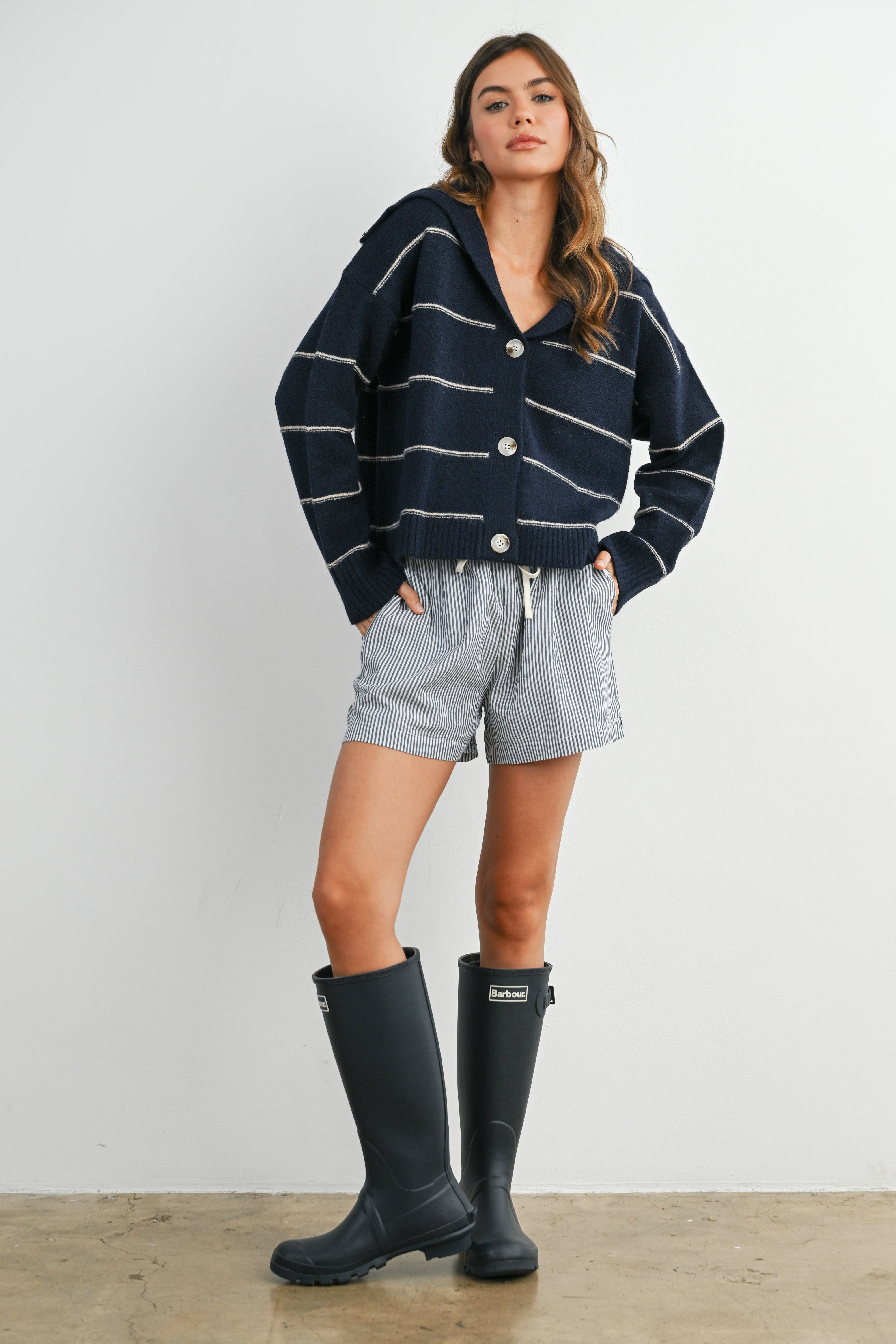 BUTTERMELON - Wholesale Knit Sweater - Women's - Button-Up Striped Collared Long Sleeve Top - BMC788335