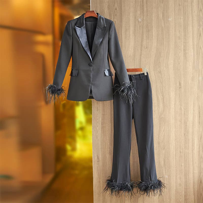 Productseeker – wholesale Suit set – Women′s – SET069 Ostrich Feather Blazer & Women's Pants Suit2