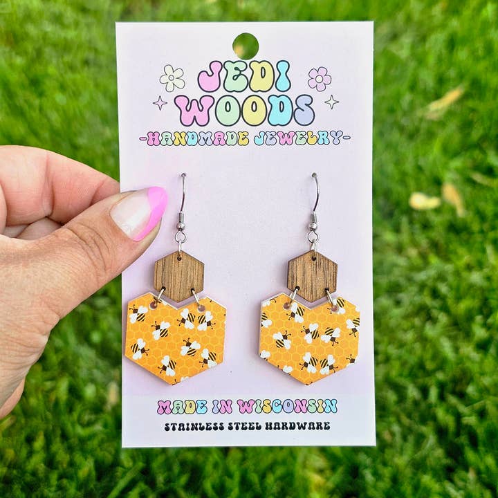 Bumble Bee Hexagonal Statement Earrings for wholesale by Jedi Woods LLC