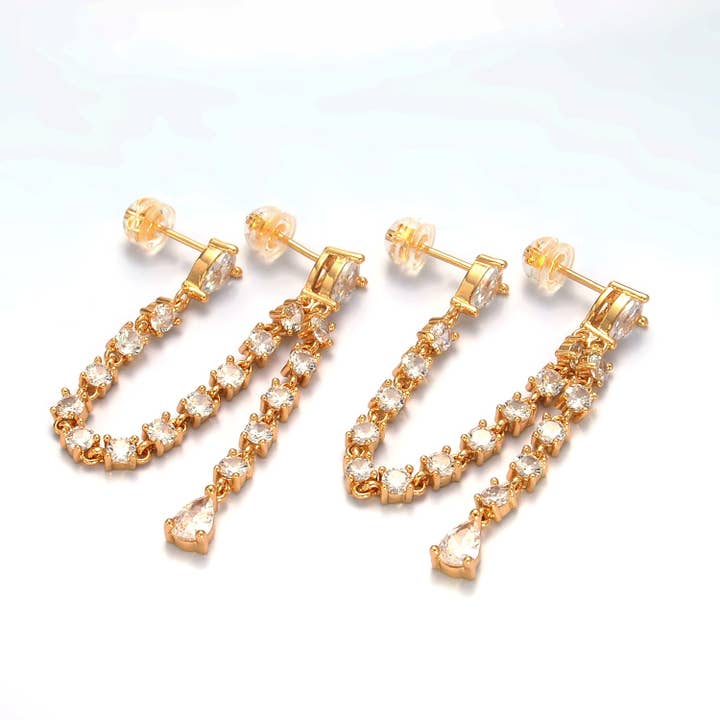 Gold Clear CZ Chain Teardrop Drop Double Stud Earrings ✦ EA-21V336 for wholesale by Simply Jewels